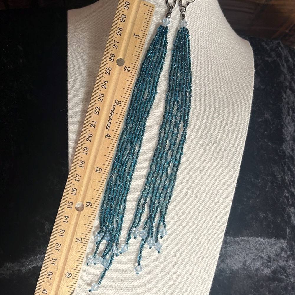 Artisan Boho Extra Long Tassel Fringe Peacock Blue Seed Beaded Dangle Earrings - Picture 8 of 9